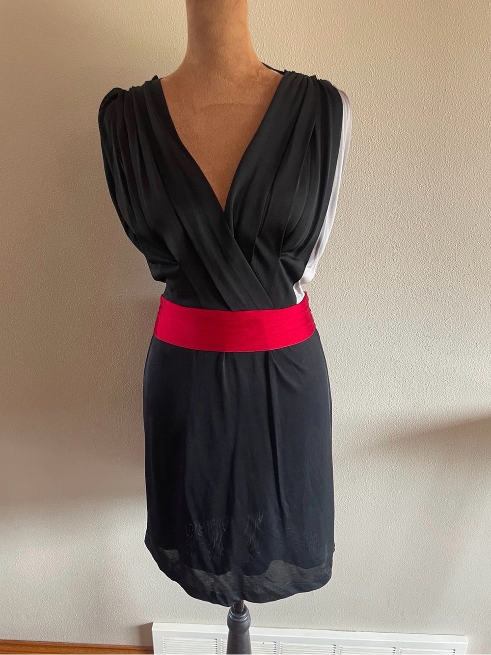 Ted Baker London black,  red, and gray Grecian style dress with red tie waist